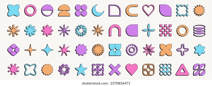 Set of colorful abstract geometric shapes and forms. Brutal contemporary figures, stars, flowers and other primitive elements. Trendy Y2K signs and symbols.