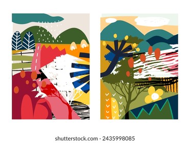 Set of colorful abstract geometric and shapes collage organic nature hand drawn vector illustration. Design for print, wall decoration, banner, fabric and textile.