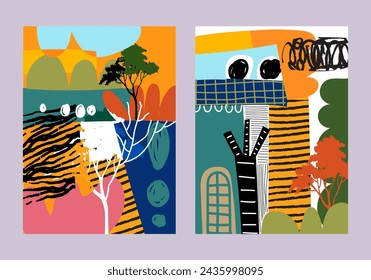 Set of colorful abstract geometric and shapes collage organic nature hand drawn vector illustration. Design for print, wall decoration, banner, fabric and textile.