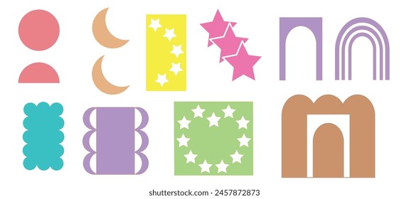 A set of colorful abstract geometric shapes and icons in delicate colors. Modern flat drawing, illustration highlighted on a white background