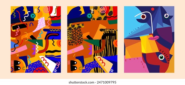 Set of colorful abstract geometric, shapes, decorative hand drawn vector illustration. Aesthetic poster, wall art, print, decoration design.