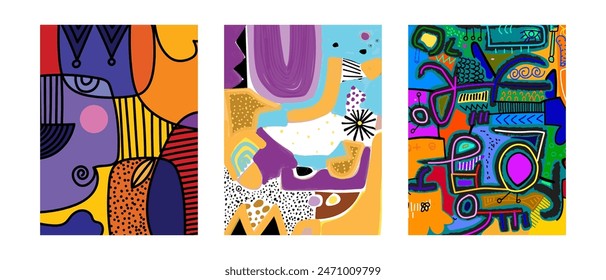 Set of colorful abstract geometric, shapes, decorative hand drawn vector illustration. Aesthetic poster, wall art, print, decoration design.