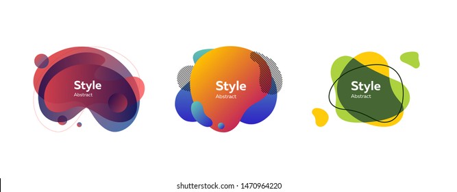 Set of colorful abstract graphic elements. Modern fluid compositions with sample text. Trendy minimal templates for presentations, banners, flyers and web pages. Vector illustration