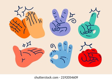 Conjunto de coloridos gestos abstractos a mano dibujados a mano gestos doodle iconos aislados en el fondo de la luz. Ilustración del vector