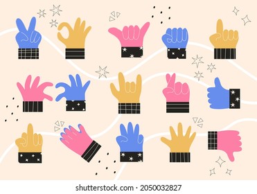 Set of colorful abstract hands in different gestures emotions and signs. Modern isolated vector illustration in trendy colors. Interactive communication, forefinger sign. Open arm, ok, victory emojis