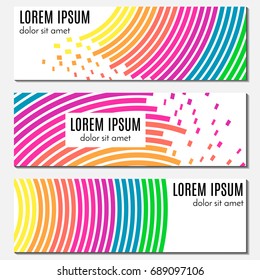 Set of colorful abstract header banners with curved lines, flying pieces and place for text. Vector backgrounds for web design.
