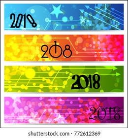 A set  of colorful abstract horizontal new year headers and banners for year 2018.