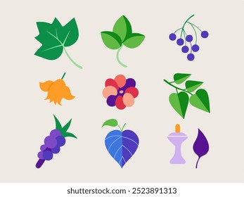 A set of colorful and abstract illustrations featuring various floral elements, including leaves, flowers, and berries. Ideal for adding a touch of nature-inspired whimsy to your designs.