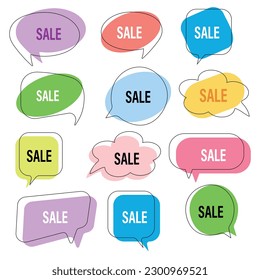 Set of colorful abstract isolated speech bubbles  with short text sale. 
Vector illustrations. Chat icons, Communication concept. Speak balloon. Communication, dialog, feedback, vector symbols. 
