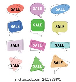 Conjunto de coloridas burbujas abstractas aisladas del habla con texto corto de la venta. Vector.