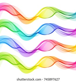 Set of Colorful Abstract Isolated Transparent Wave Lines for White Background. Smooth Wavy Horizontal Rainbow Gradient Curved Lines.