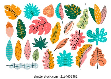 Set of colorful abstract leaves. Doodle hand drawn leaf icons isolated on white background. Floral and botanical tropical exotic plants collection. Vector illustration