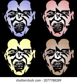A set of colorful abstract line art of snarling man face. Hand drawn vector illustration.