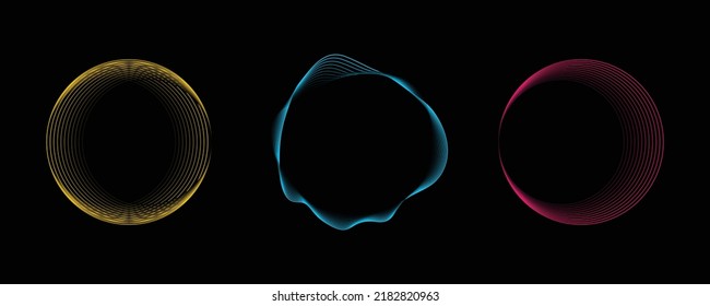 Conjunto de coloridos círculos de línea abstracta en fondo negro. diseño de estilo dinámico en un estilo moderno y lujoso.