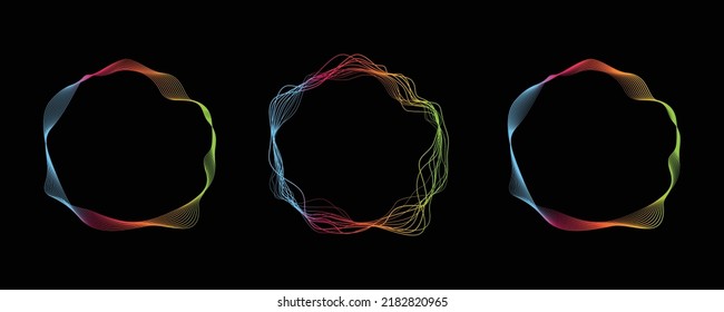 Conjunto de coloridos círculos de línea abstracta en fondo negro. diseño de estilo dinámico en un estilo moderno y lujoso.