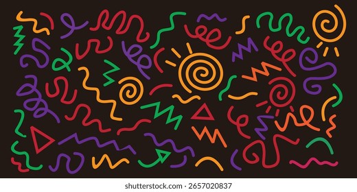 Set of colorful abstract line scribble shapes on black background. Creative minimalist style art symbols
collection for kids or party celebrations with modern shapes