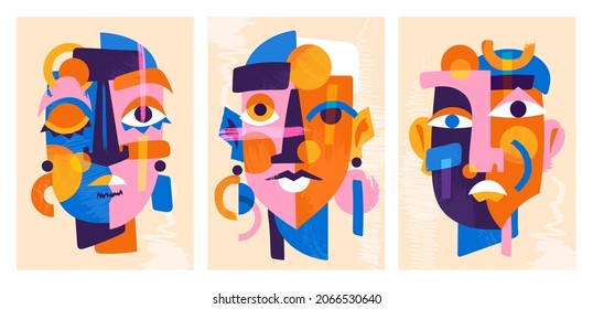 Set of colorful abstract male and female face portraits as a cubism wall art. Concept of creative shapes graphics with textured geometric shapes. Geometric face. Flat cartoon vector illustration