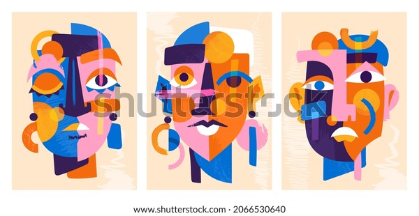 Set of colorful abstract male and female\
face portraits as a cubism wall art. Concept of creative shapes\
graphics with textured geometric shapes. Geometric face. Flat\
cartoon vector\
illustration