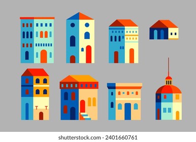 A set of colorful abstract minimal geometric flat style European Buildings-cityscape elements for header images for websites, banners, covers