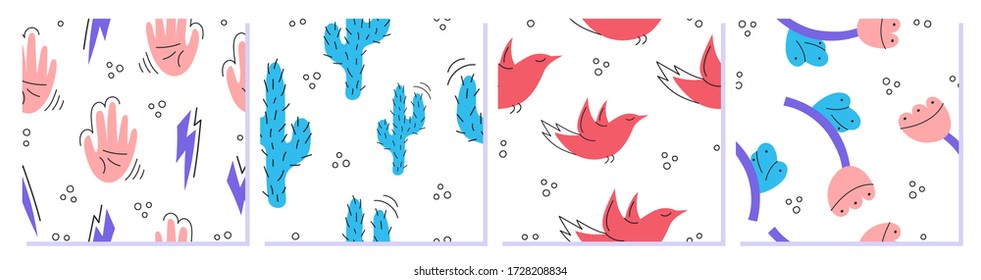 A set of colorful abstract modern fashion vector seamless patterns. Hands, flowers, cactuses, birds. Ideal for textile prints. Vector illustration