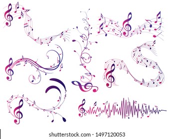 SET Colorful Abstract music notes on rainbow line wave background. colorful G-clef and music notes isolated vector illustration Can be adapt to Brochure, Annual Report, Magazine, music background.