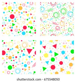 Set of colorful abstract pattern. Children hand drawn seamless patterns. Doodle colorful abstract geometric backgrounds. Seamless abstract hand drawn textures with scratch effect. Vector patterns.