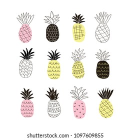 Set of colorful abstract pineapples isolated on white. Cute pineapples doodles