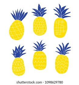 Set of colorful abstract pineapples isolated on white. Cute pineapples doodles
