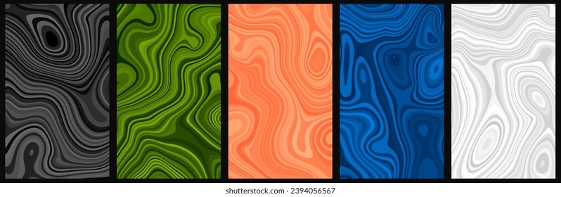 Set of colorful abstract poster designs with optical interference and liquid effect . Illusion of movement for banner, flier, invitation, cover, business card. Vector illustration