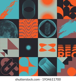 Set Of Colorful Abstract Postmodernism Designs With Bold Geometric Shapes, Useful For Web Background, Poster Art Design, Magazine Front Page, Cover In Color Coordinated Designs, Vector Illustration