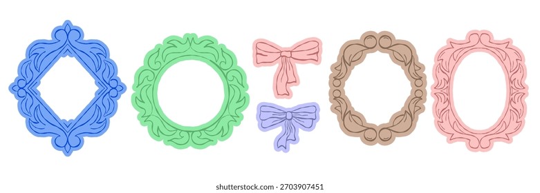 Set of colorful abstract princess frames and retro mirrors. Vintage photo borders and decorative shapes in pastel tones. Modern flat vector illustration on dark background.