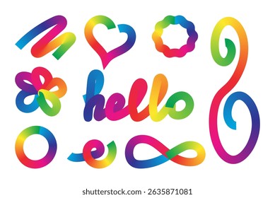 Set of colorful abstract ribbon elements with gradient transitions in rainbow hues.Curved and twisted shapes ideal for festive designs, digital artwork and modern compositions.Vector illustration