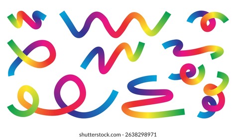 Set of colorful abstract ribbon elements with gradient transitions in rainbow hues.Curved and twisted shapes ideal for festive designs, digital artwork and modern compositions.Vector illustration