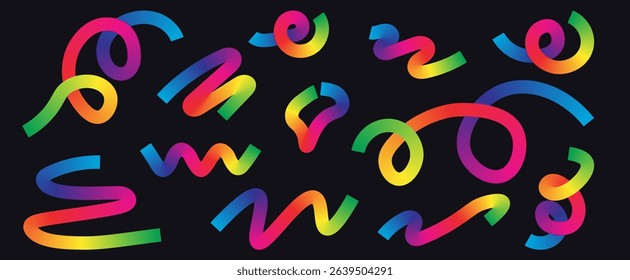 Set of colorful abstract ribbon elements with gradient transitions in rainbow hues in black background.Curved and twisted shapes ideal for festive designs, digital artwork and modern compositions