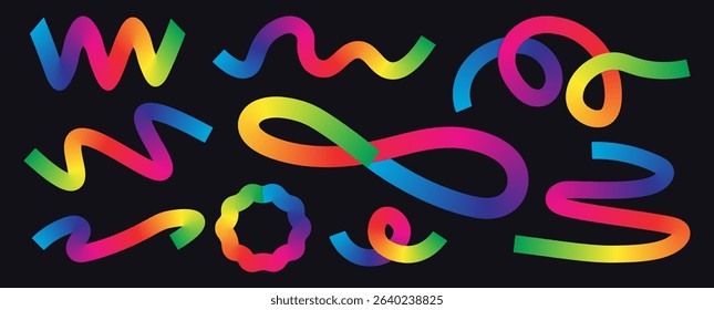 Set colorful abstract ribbon elements with gradient transitions in rainbow hues in black background.Curved and twisted shapes ideal for festive designs, digital artwork and modern compositions.Vector
