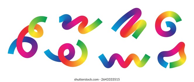Set of colorful abstract ribbon elements with gradient transitions in rainbow hues.Curved and twisted shapes ideal for festive designs, digital artwork and modern compositions.Vector illustration