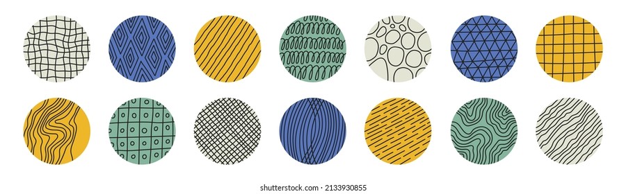 Set with colorful abstract round patterns. Plaid pattern, triangles, diamonds, dash dotted line, circles, wavy pattern. Can be used as social media icons, backgrounds. Hand drawn vector illustration.