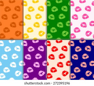 Set of colorful abstract seamless pattern with beautiful print of woman lips. collection of beauty lipstick female lips kisses prints on multicolored paper. vector art image illustration background