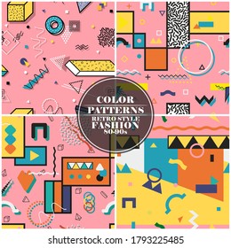 Conjunto de coloridos patrones abstractos sin fisuras con formas geométricas creativas. Diseño luminoso - estilo retro de moda 80-90. Vibrantes antecedentes de moda