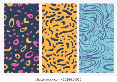 Set of colorful abstract seamless patterns: inspiring designs for creative projects.
Each seamless design is perfect for use in digital and print design