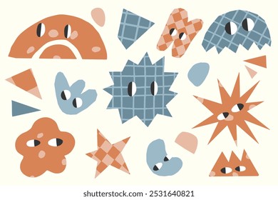 Conjunto de ilustración de patrón transparente de personaje de dibujos animados de forma abstracta colorida. Colección de fondo de arte divertido de estilo de los años 90 con caras y dibujo doodle.