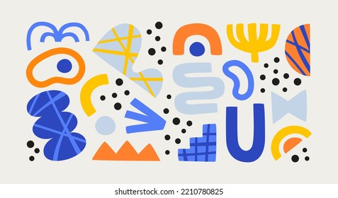 Set Of Colorful Abstract Shape Doodle. Creative Collage Shapes Collection. Random Drawing, Geometric Art On Isolated Background. Modern Contemporary Illustration Cartoon Bundle.