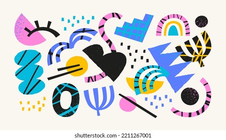 Set of colorful abstract shape doodle. Creative collage shapes collection. Random drawing, geometric art on isolated background. Modern contemporary illustration cartoon bundle.