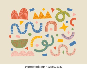 Set Of Colorful Abstract Shape Doodle. Creative Collage Shapes Collection. Random Drawing, Geometric Art On Isolated Background. Modern Contemporary Illustration Cartoon Bundle.