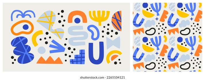 Set of colorful abstract shape doodle. Creative collage shapes seamless pattern collection. Random drawing, geometric art on isolated background. Modern contemporary illustration cartoon bundle.