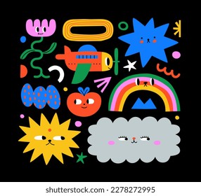 Set of colorful abstract shape kid cartoon character illustration. Trendy 90s style funny children art collection with cute faces and drawing doodle. 