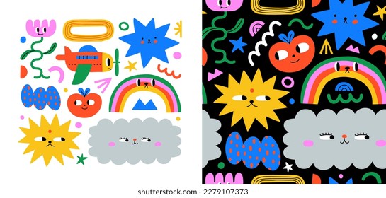 Set of colorful abstract shape kid cartoon character illustration. Trendy 90s style funny children art pattern collection with cute faces and drawing doodle element. 