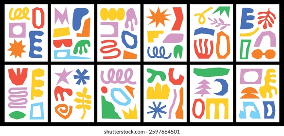 Set of colorful abstract shapes illustrations. Fun artistic backgrounds with doodles. Collection of hand-drawn childish elements. Playful collages and patterns for posters, cards, covers, or branding.