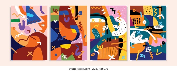 Set of colorful abstract shapes line and doodles hand drawn vector background illustration.