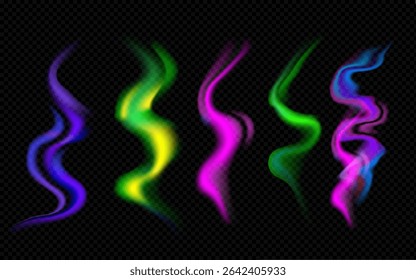 A set of colorful abstract smokes with a glow effect on a transparent background. Suitable for design, game effects, posters, and visualizations of energy or magic.